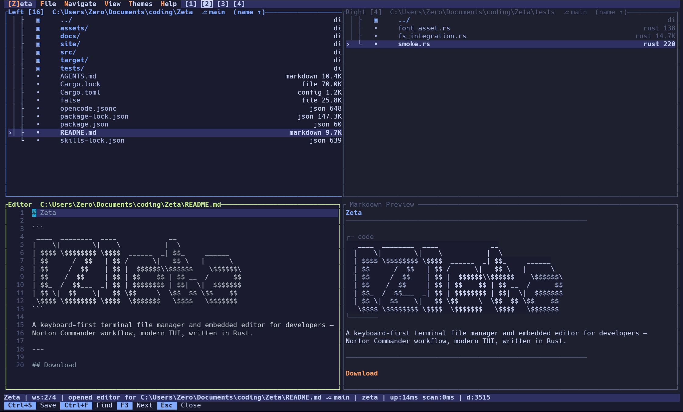 Zeta running in a terminal: dual-pane file browser with an embedded editor and markdown preview